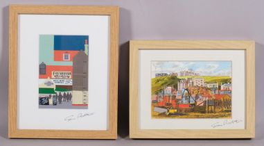 Stan Rosenthal, Hastings Old Town scenes, 2 colour prints, signed ink, image 12cm x 17cm, framed