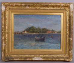 Louis Hayet (1864 - 1940), moored sailing boat, pointilist oil on canvas, signed with indistinct