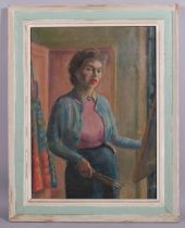 Miss E Browne, self portrait of the artist, oil on canvas, circa 1950s, 66cm x 48cm, framed with