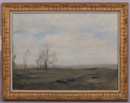 Henry G Moon (1857 - 1905), extensive landscape, oil on board, 24cm x 33cm, framed Good condition