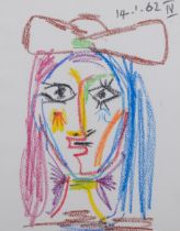 Manner of Picasso, modernist head portrait, crayon on paper, 34cm x 27cm, framed Good condition