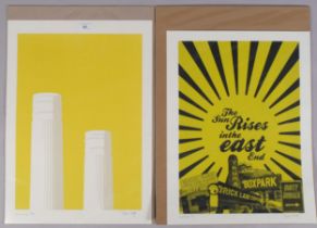 Jayson Lilley, chimneys, no. 5/49, and the sun rises in the East End, no. 1/10, 2 screenprints, both