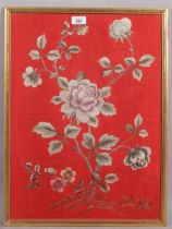 Chinese silk embroidered floral picture on red silk ground, 55cm x 40cm, framed Good condition