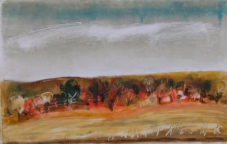 Cornelius Petrescu, a contemporary abstract landscape, 1988, acrylic on card, signed,