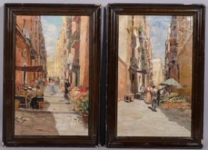 R Pasini, pair of Naples street scenes, oils on canvas laid on board, signed, 45cm x 27cm, framed