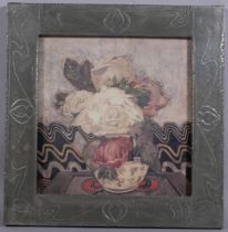 After Charles Rennie Macintosh, white roses, colour print, in embossed pewter frame, overall frame
