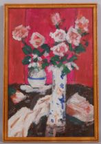 Still life roses, contemporary oil on board, unsigned, 59cm x 39cm, framed Good condition