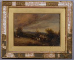 Timber workers in a storm, 18th century oil on wood panel, unsigned, 16cm x 22cm, framed Panel has a