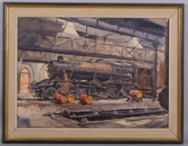 Ralph Hartley (1926 - 1988), railway engine shed, 55cm x 75cm, framed Good condition