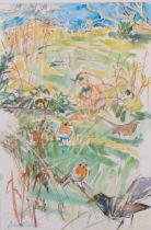 David Koster, birds in the field, watercolour, signed, 56cm x 39cm, mounted Good condition