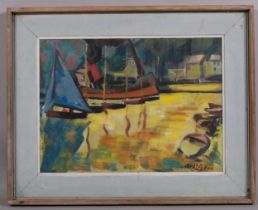 Archibald Peddie (1917 - 1991), boats at Rothesay Harbour, signed with inscription verso dated 1956,