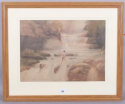 George Gibb, figure by mountain rapids, watercolour, signed, 36cm x 49cm, framed Repaired tear on