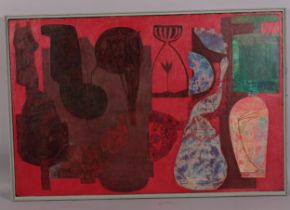 Red abstract composition, mid to late-20th century oil on board, unsigned, Orford Gilding Workshop