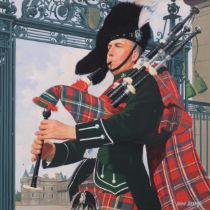 John Berry (1920 - 2009), Highland Officer playing bagpipes, original gouache illustration, image
