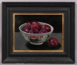 Jacqueline Taber, bowl of plums, oil on board, artist's label verso, 22cm x 30cm, framed Very good