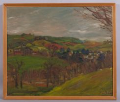 Fred Dubery, panoramic landscape, oil on board, signed, 60cm x 70cm, framed Good condition