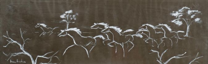 Anne Hudson, running horses, watercolour on black paper, signed, 24cm x 75cm, framed Good condition