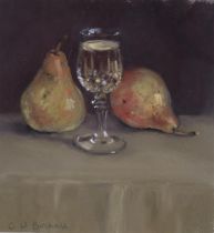 Christine Birchall, pears and Chablis, coloured pastels, signed, 19cm x 18cm, framed Good condition