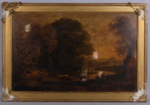 Cattle near Classical ruins, 18th/19th century oil on canvas, 61cm x 99cm, framed, for restoration