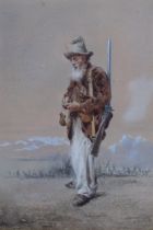 19th century portrait of an old trapper, watercolour, indistinctly signed, 20cm x 13cm, framed