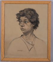 James Doxford (1899 - 1978), portrait of a boy, charcoal/chalk on paper, signed, 48cm x 39cm, framed