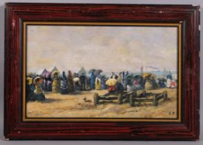 After Eugene Boudin, crowded beach scene, 24cm x 38cm, modern, framed Good condition