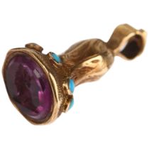 A 19th century French foil-back amethyst and turquoise fob seal, unmarked gold chased frame with