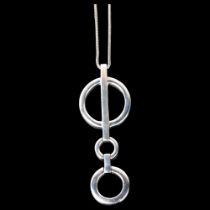 A Danish modernist sterling silver geometric triple hoop drop pendant necklace, on silver foxtail