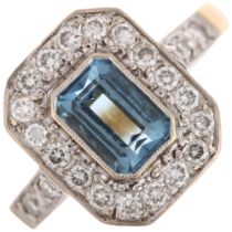 An 18ct gold aquamarine and diamond rectangular cluster ring, maker EWA, London 2001, rub-over set