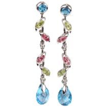 A pair of 18ct white gold gem set drop earrings, set with blue topaz, peridot, pink tourmaline and
