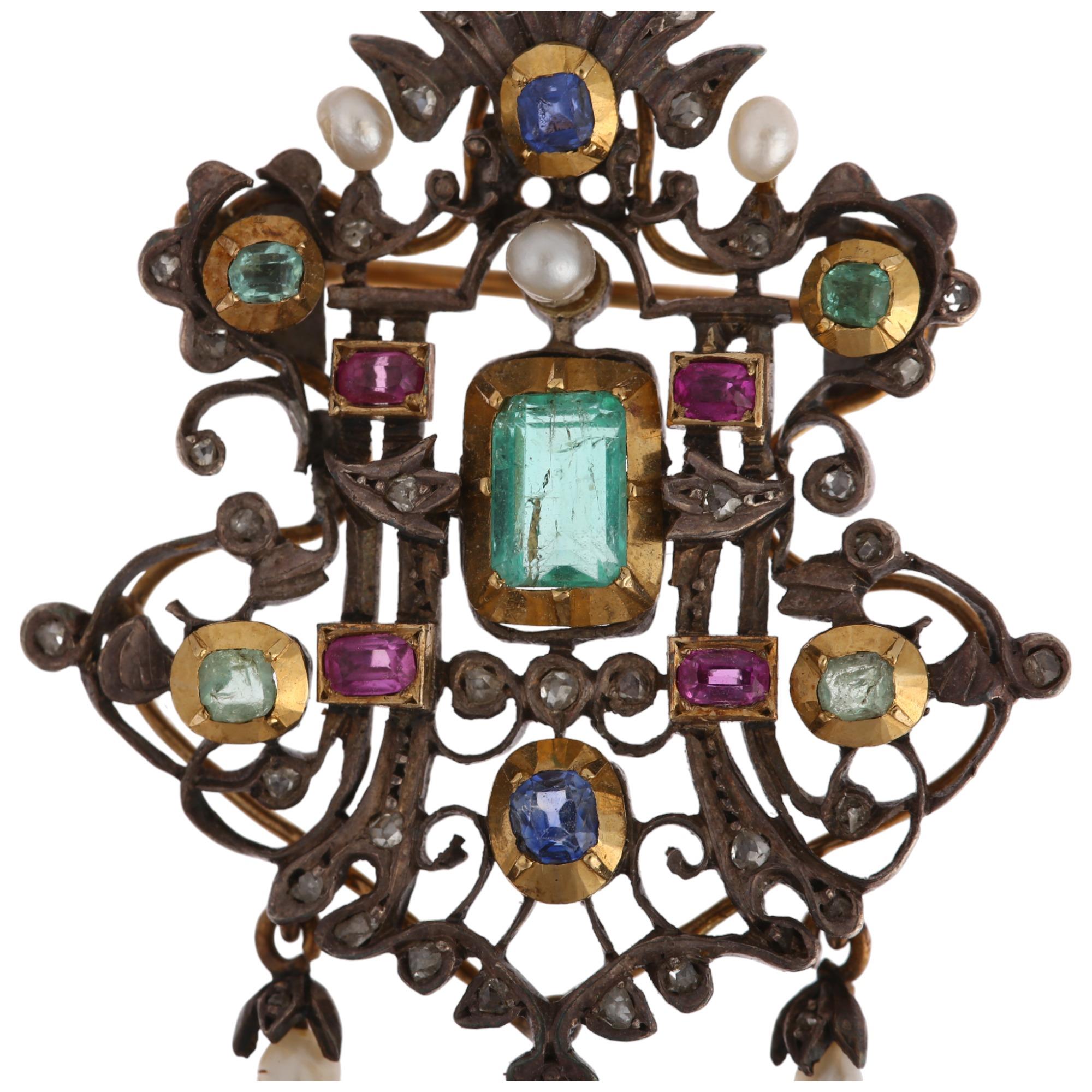 An Austro-Hungarian silver and gold gem set openwork pendant/brooch, Vienna circa 1890, centrally - Image 2 of 4