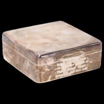 An Elizabeth II silver cigarette box, Adie Brothers Ltd, Birmingham 1955, square form with engine