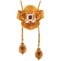 A Victorian garnet tassel pendant necklace, circa 1890, each pendant rub-over set with round