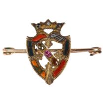 A Victorian Scottish hardstone shield Luckenbooth bar brooch, circa 1890, the gem set chased
