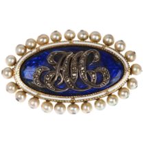 An Antique diamond pearl and enamel memorial brooch, unmarked gold closed-back settings in oval