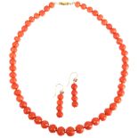 A Georgian graduated faceted coral bead necklace and earring set, beads ranging from 11.6-8.1mm,