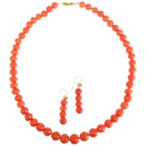 A Georgian graduated faceted coral bead necklace and earring set, beads ranging from 11.6-8.1mm,