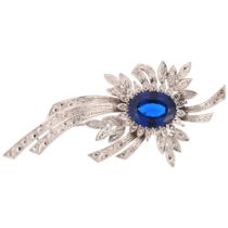 A mid-20th century synthetic blue spinel and diamond floral spray brooch, unmarked 9ct white gold