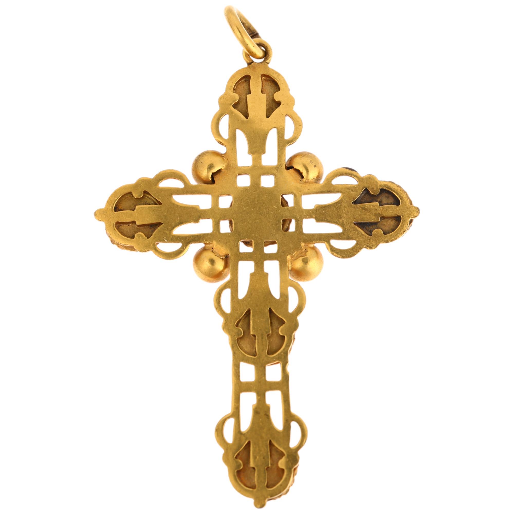 A Victorian gem set cross pendant, unmarked yellow metal settings with pierced decoration, 69.6mm, - Image 3 of 4