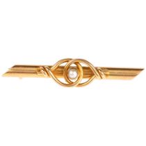 An Edwardian 15ct gold pearl bar brooch, 42.5mm, 3.1g No damage or repair, fitting working,