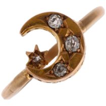 A Victorian diamond crescent moon and star ring, unmarked gold settings with old-cut diamonds, total
