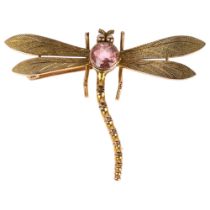 An Edwardian 9ct gold pink tourmaline figural dragonfly brooch, wingspan 50.5mm, 6.2g No damage or