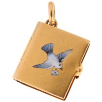 An Antique 18ct gold enamel dove book locket pendant, circa 1890, opening with catch to reveal inner