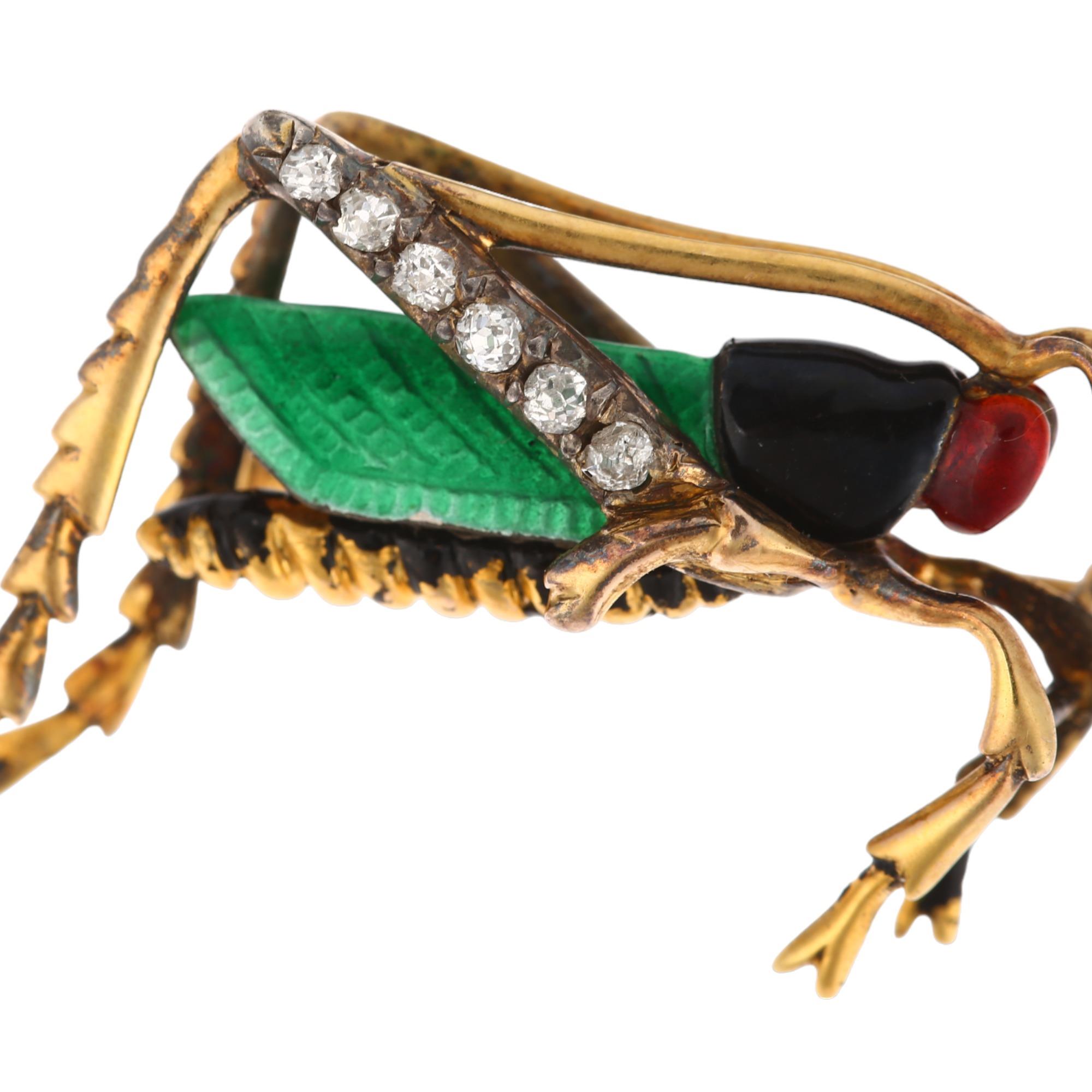 A diamond and enamel figural grasshopper brooch, early/mid-20th century, unmarked yellow metal - Image 2 of 4