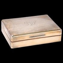 A George V silver cigarette box, indistinct maker, London 1925, rectangular form, 12cm x 9cm, 7.