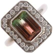A 9ct white gold watermelon tourmaline and diamond cluster ring, in Art Deco style, set with