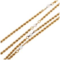 An Antique 15ct gold pearl rope twist spacer link long guard chain necklace, 140cm, 19.4g 1 small