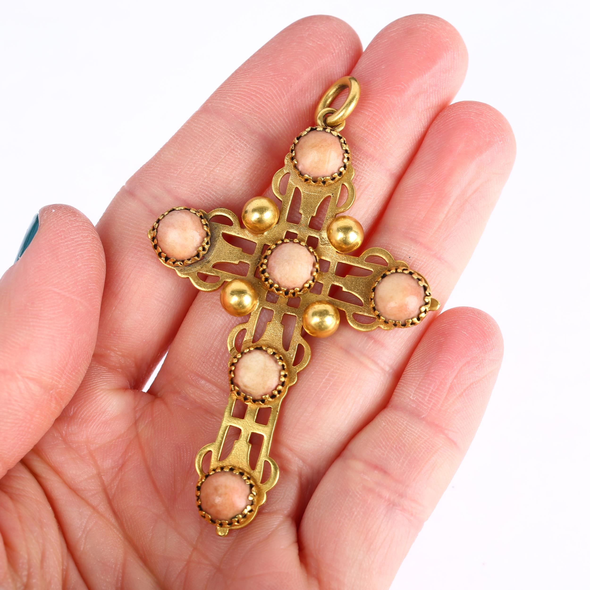 A Victorian gem set cross pendant, unmarked yellow metal settings with pierced decoration, 69.6mm, - Image 4 of 4
