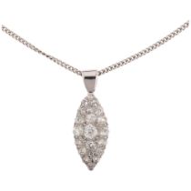 An Antique diamond marquise cluster pendant necklace, pave set with old-cut diamonds, total