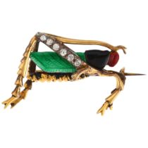 A diamond and enamel figural grasshopper brooch, early/mid-20th century, unmarked yellow metal
